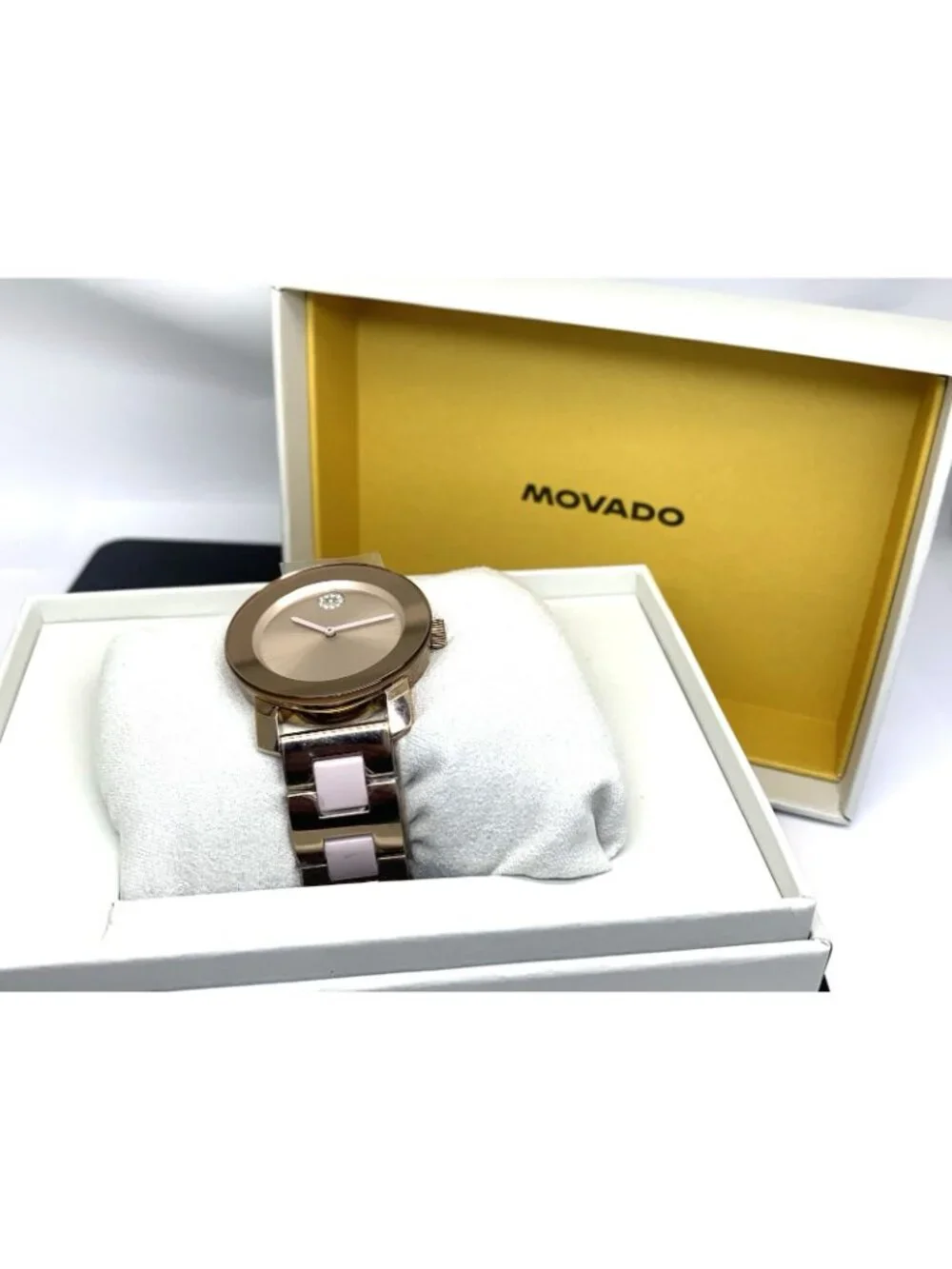 Movado Women's Watch 3600639 Bold Rose Dial Swiss Quartz Steel Ceramic Band 36mm